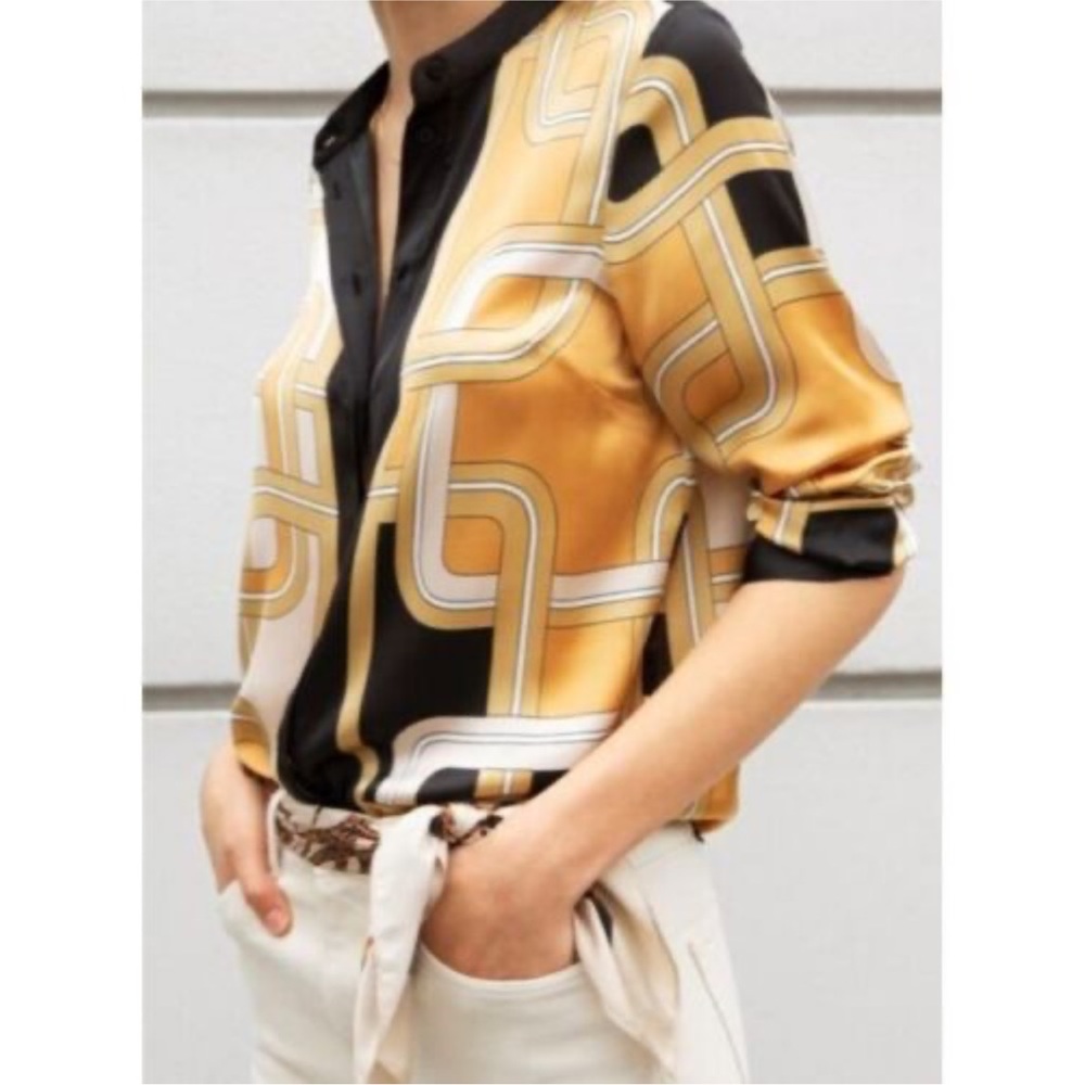 H&M x Richard Allan Satin Tunic Blouse | Geometric Chain Print | Size 8 / EUR 40
